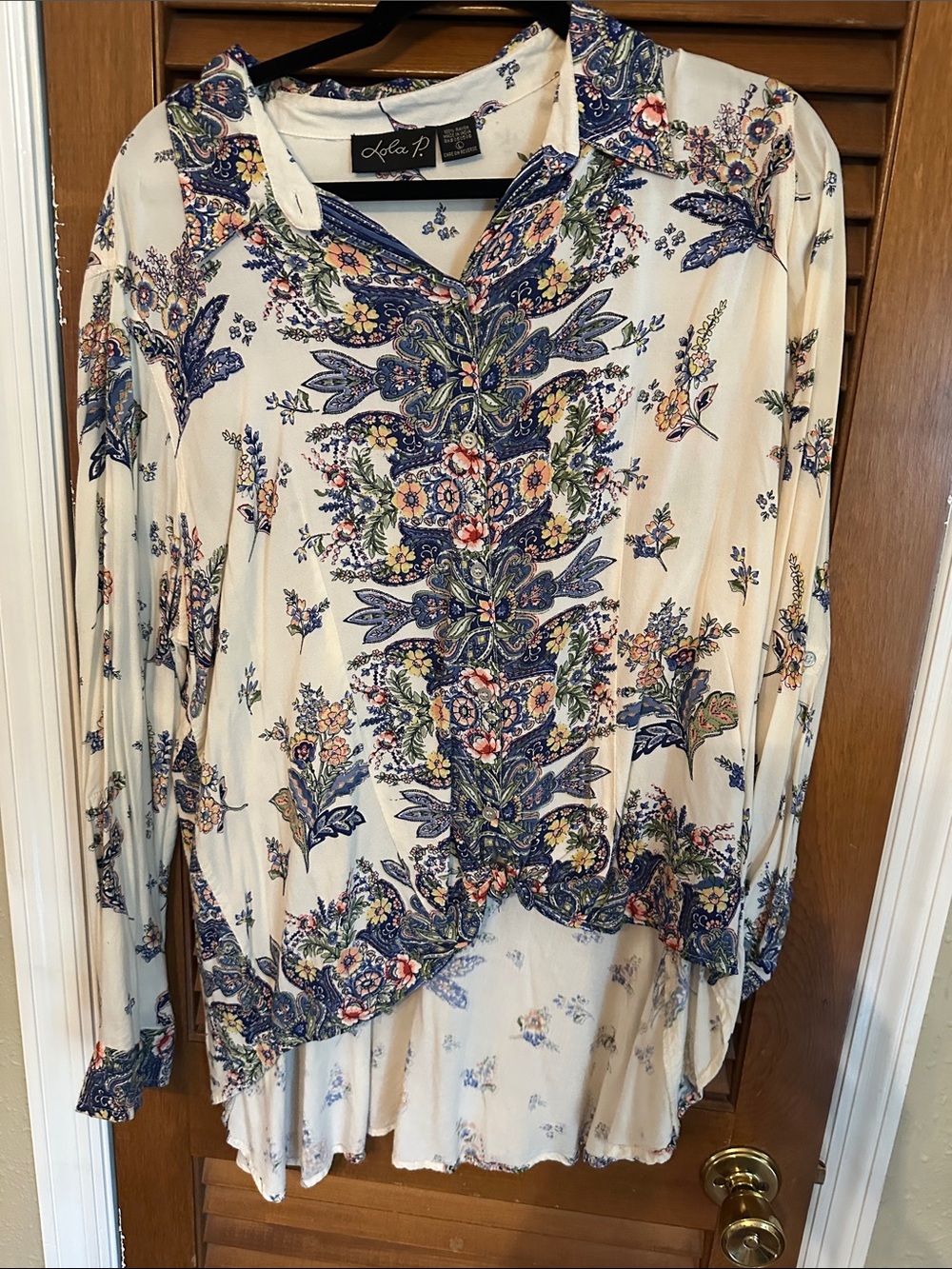 Lola P Cream Tunic with Navy Floral Paisley Print